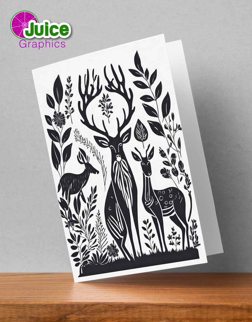 Monochrome Linocut Style Deer Greetings Card